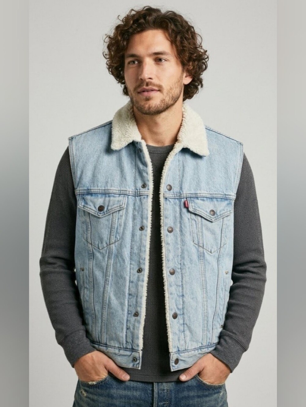 Vintage Levi's USA Made Light Wash Blue Denim Sherpa Lined Vest.
